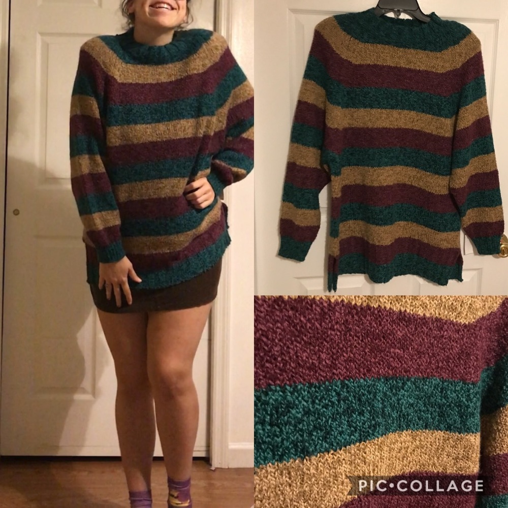 Vintage Purple Green Striped Mock Neck Sweater
